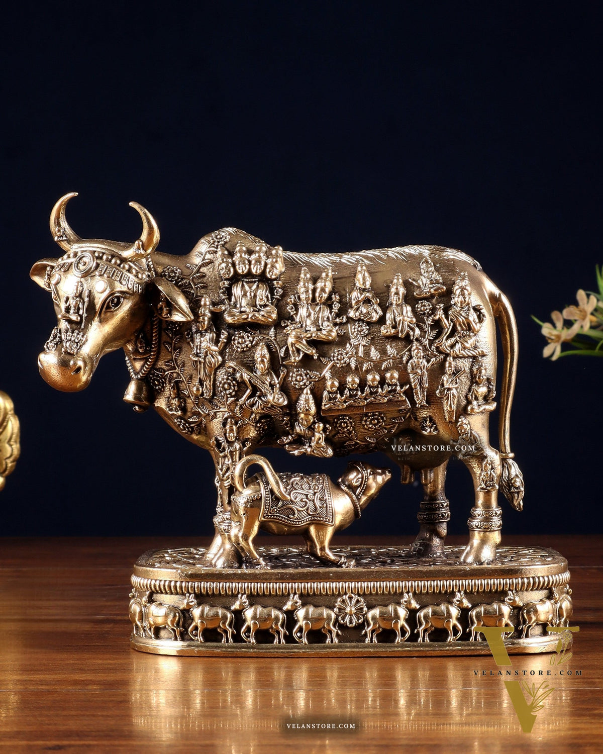 Brass Kamadhenu Cow with Calf – All Deities Engraved 7"