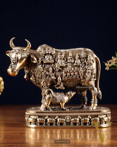 Brass Kamadhenu Cow with Calf – All Deities Engraved 7"