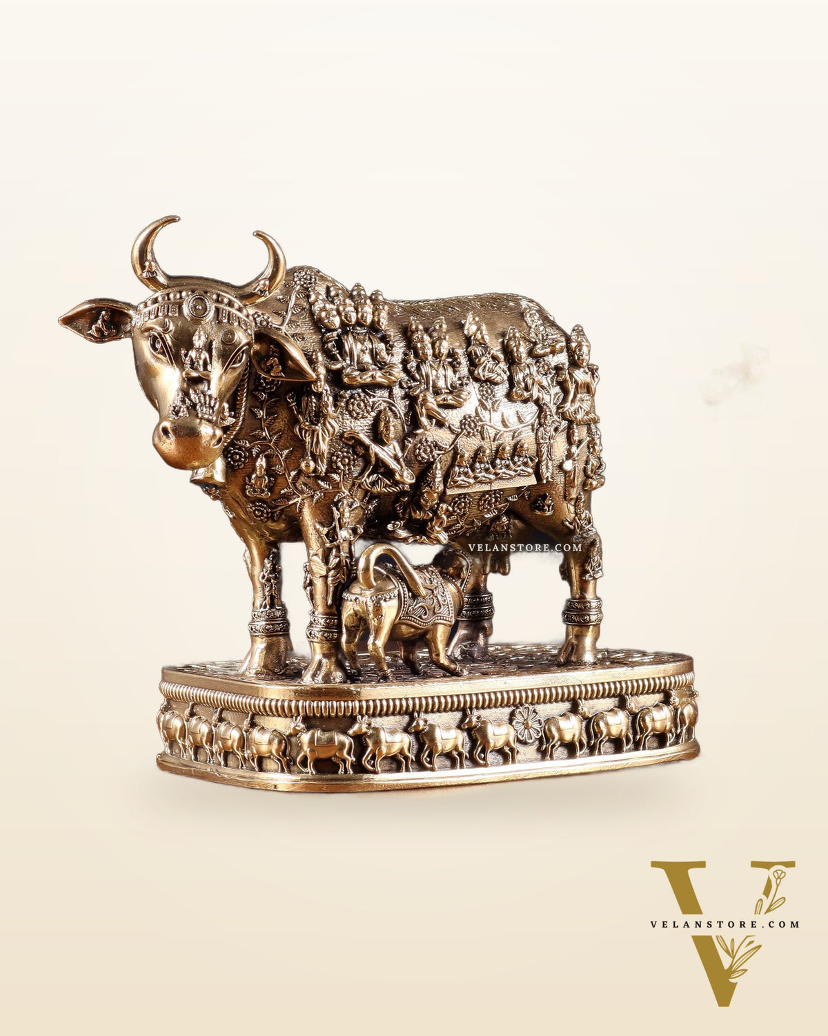 Brass Kamadhenu Cow with Calf – All Deities Engraved 7"