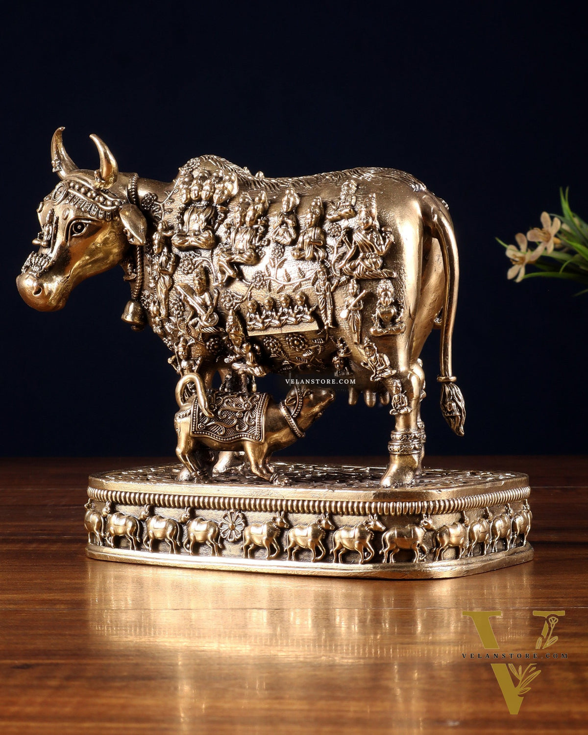 Brass Kamadhenu Cow with Calf – All Deities Engraved 7"