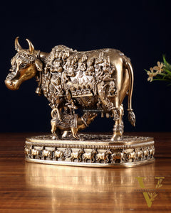 Brass Kamadhenu Cow with Calf – All Deities Engraved 7"