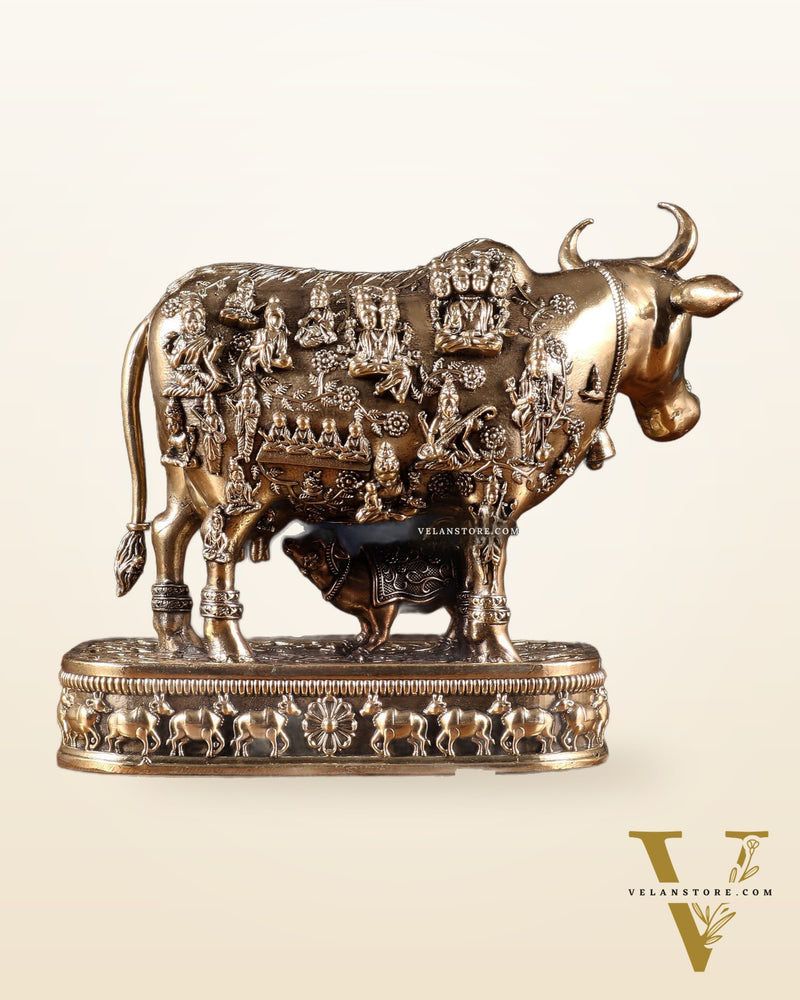 Brass Kamadhenu Cow with Calf – All Deities Engraved 7"