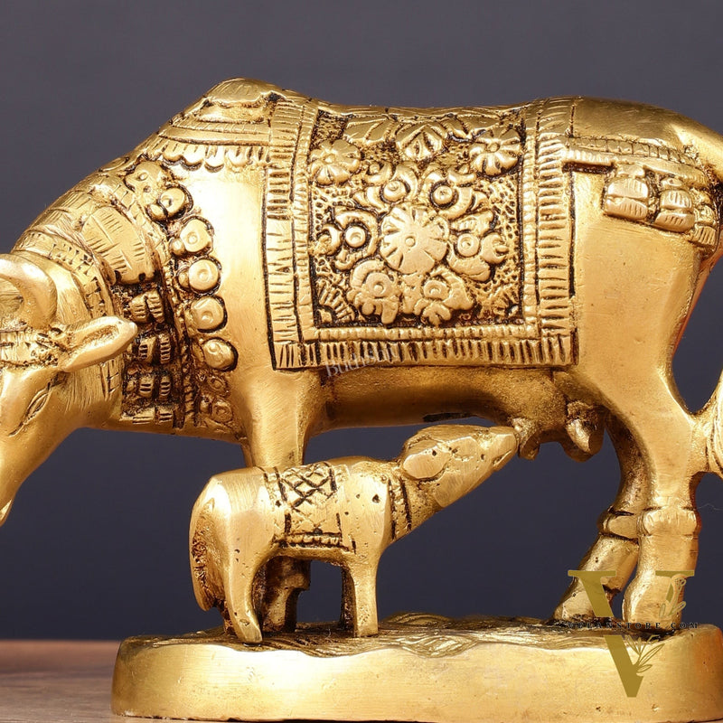 Brass Kamadhenu Cow with Calf Idol 6.5"
