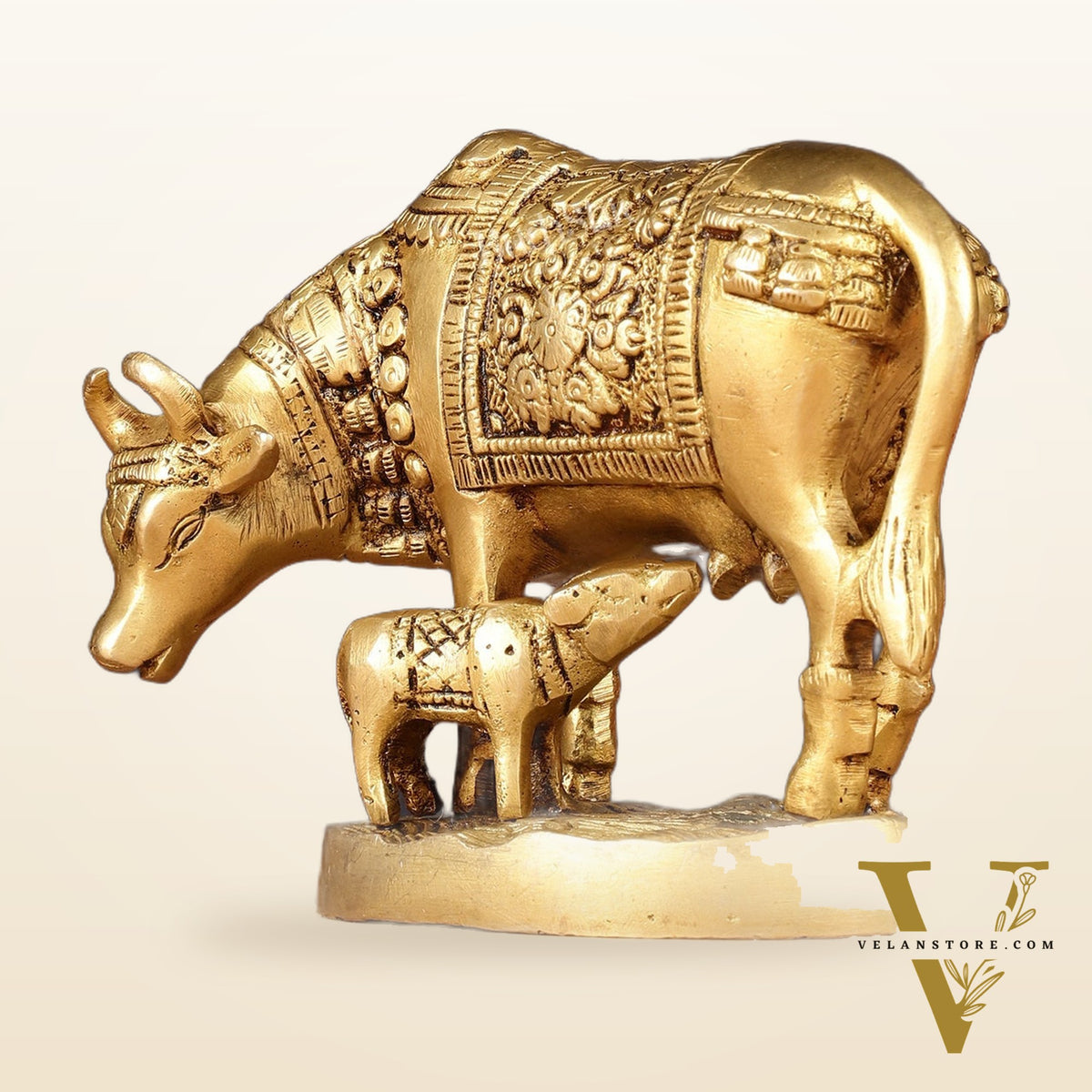 Brass Kamadhenu Cow with Calf Idol 6.5"