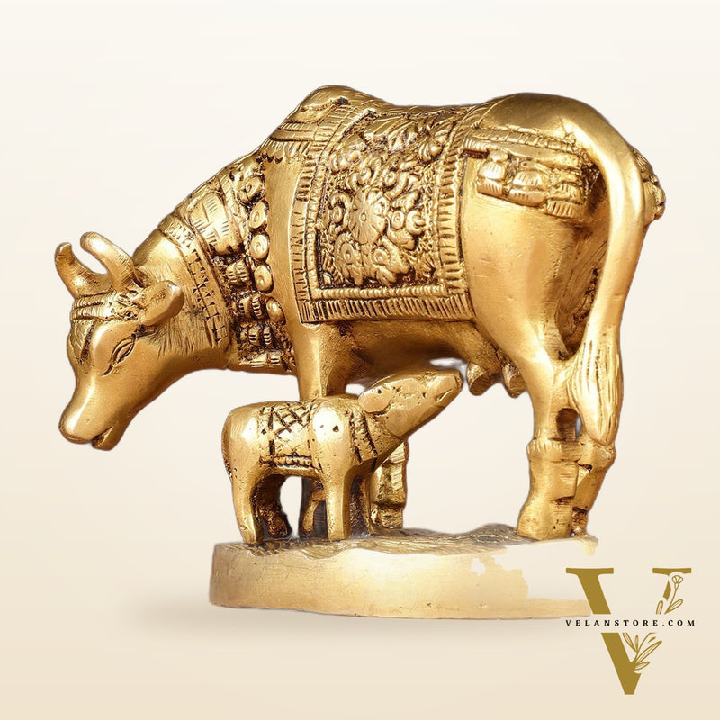 Brass Kamadhenu Cow with Calf Idol 6.5"
