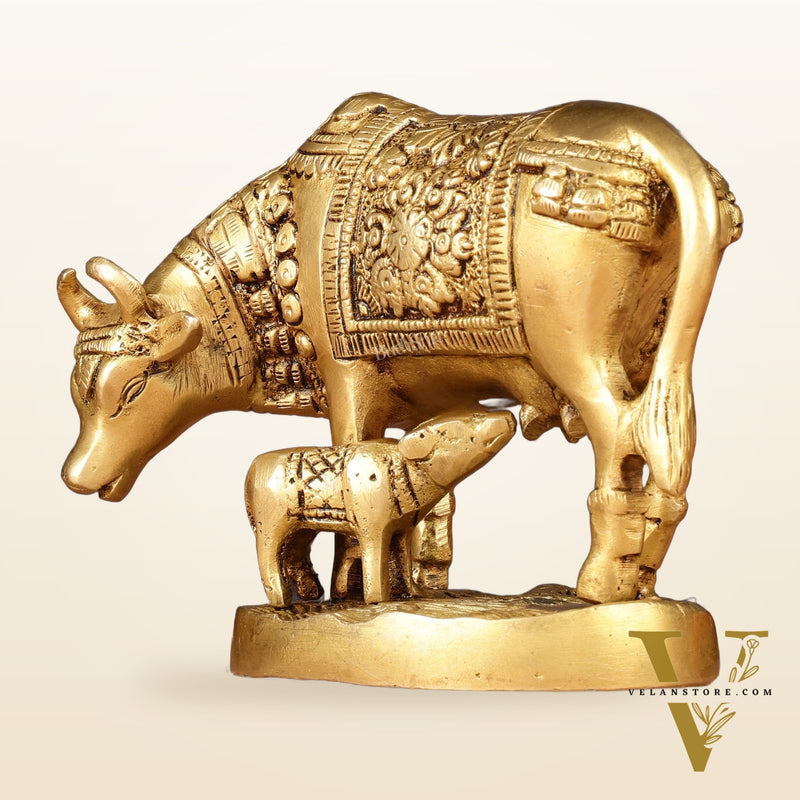 Brass Kamadhenu Cow with Calf Idol 6.5"