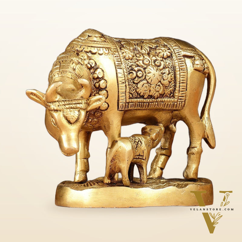 Brass Kamadhenu Cow with Calf Idol 6.5"