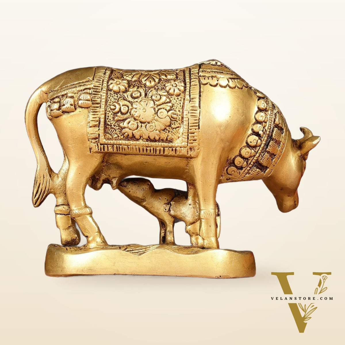 Brass Kamadhenu Cow with Calf Idol 6.5"