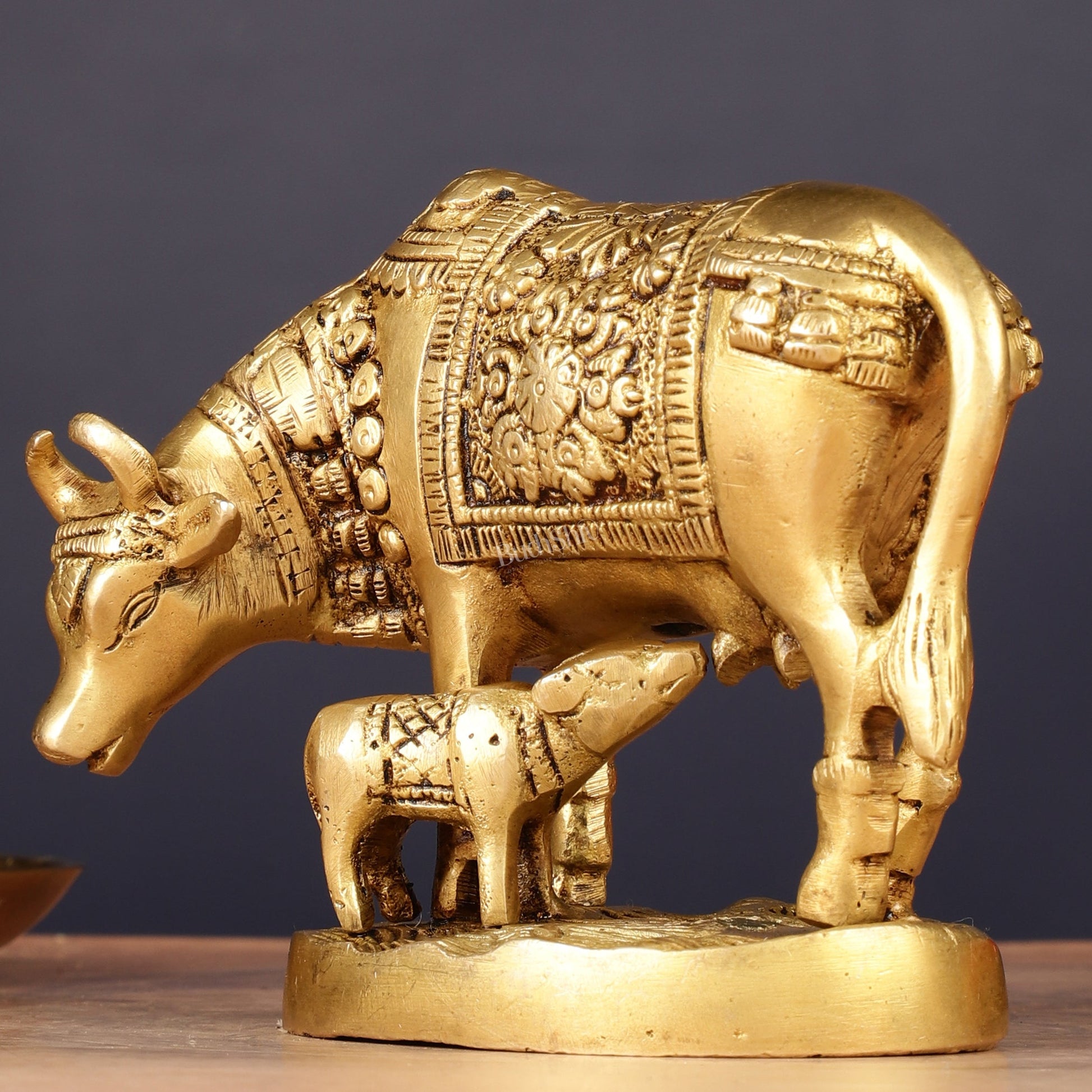Brass Kamadhenu Cow with Calf Idol 6.5"