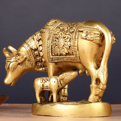Brass Kamadhenu Cow with Calf Idol 6.5"