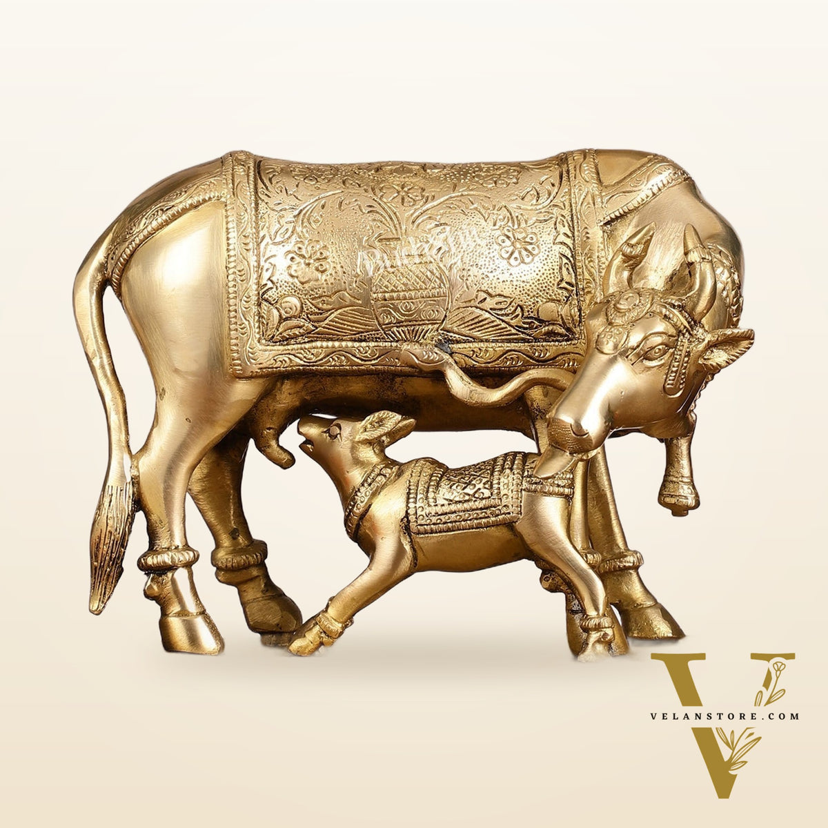 Brass Kamadhenu Cow with Calf Idol - 8 Inch