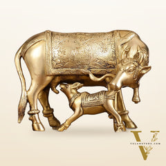 Brass Kamadhenu Cow with Calf Idol - 8 Inch