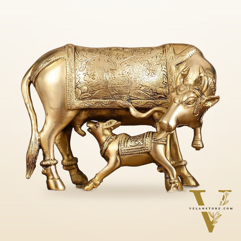 Brass Kamadhenu Cow with Calf Idol - 8 Inch