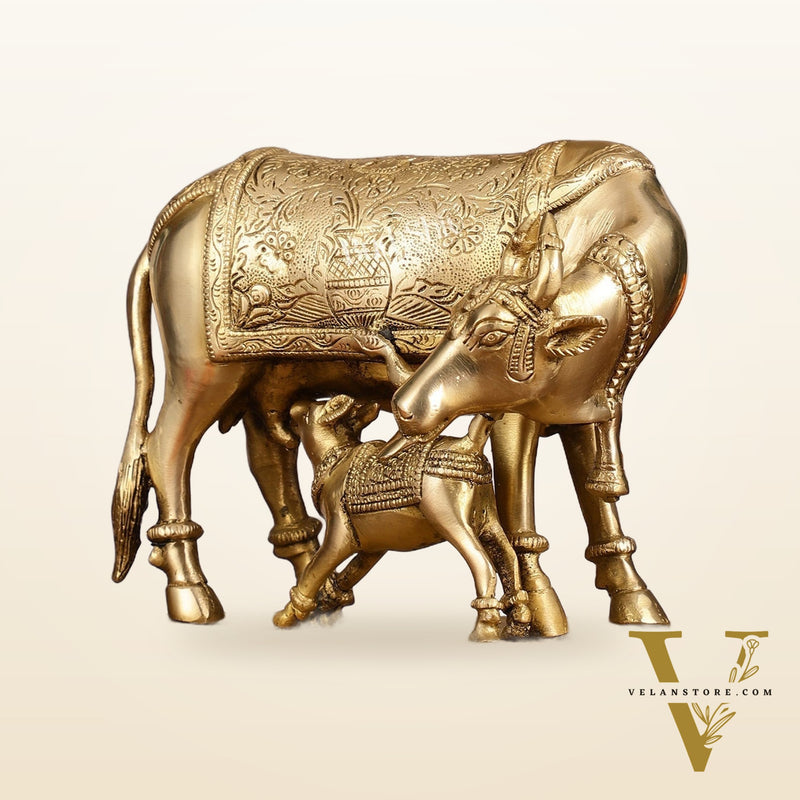 Brass Kamadhenu Cow with Calf Idol - 8 Inch