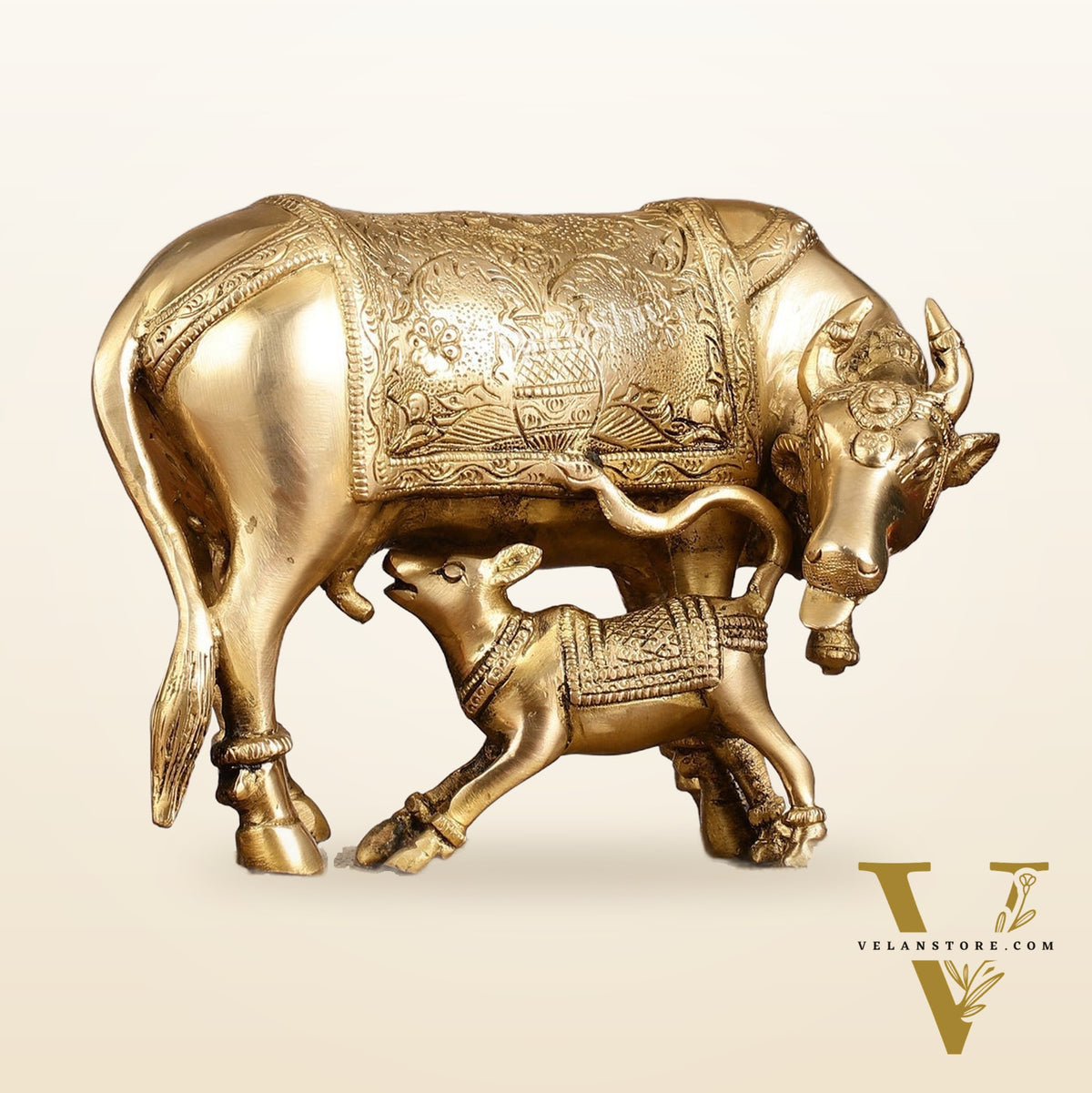 Brass Kamadhenu Cow with Calf Idol - 8 Inch