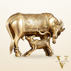 Brass Kamadhenu Cow with Calf Idol - 8 Inch