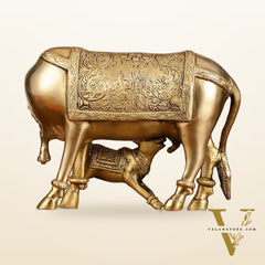 Brass Kamadhenu Cow with Calf Idol - 8 Inch