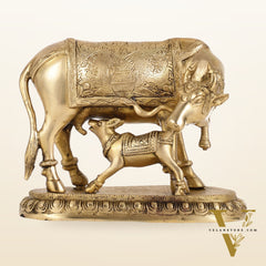Brass Kamadhenu Cow with Calf Idol - 8 Inch
