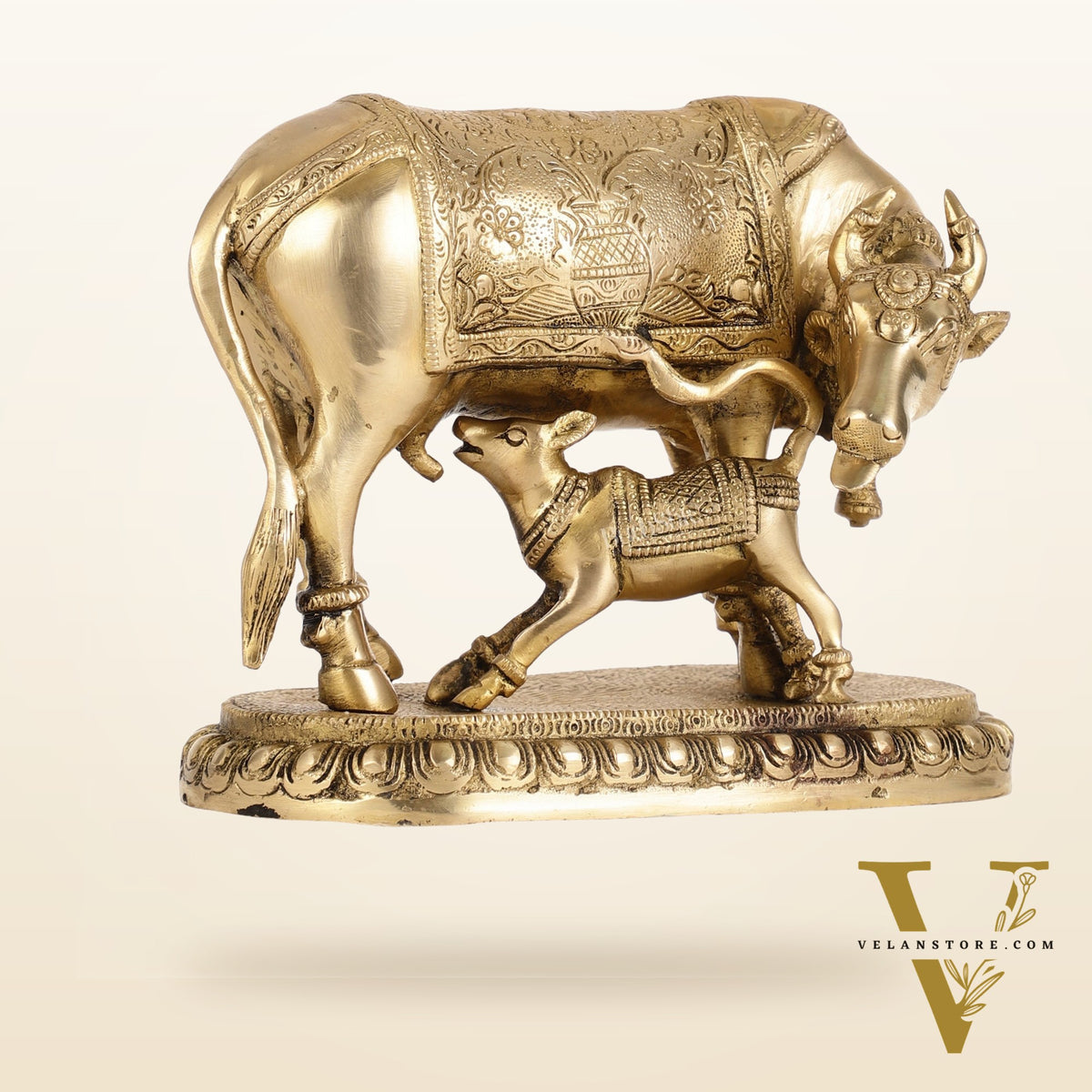 Brass Kamadhenu Cow with Calf Idol - 8 Inch