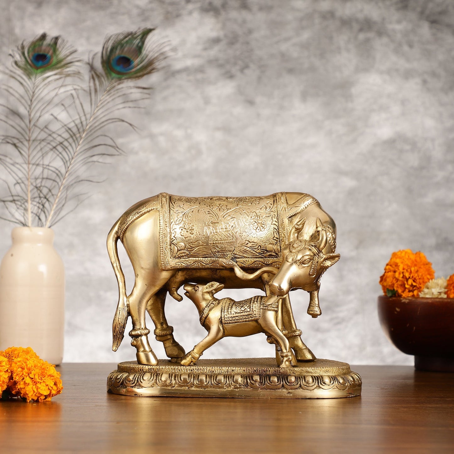Brass Kamadhenu Cow with Calf Idol - 8 Inch