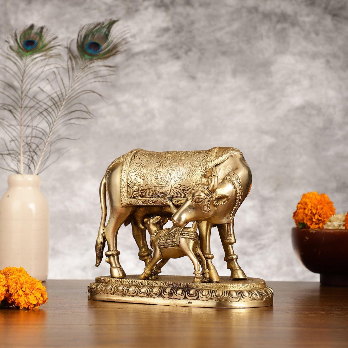 Brass Kamadhenu Cow with Calf Idol - 8 Inch