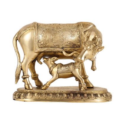 Brass Kamadhenu Cow with Calf Idol - 8 Inch