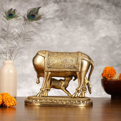 Brass Kamadhenu Cow with Calf Idol - 8 Inch