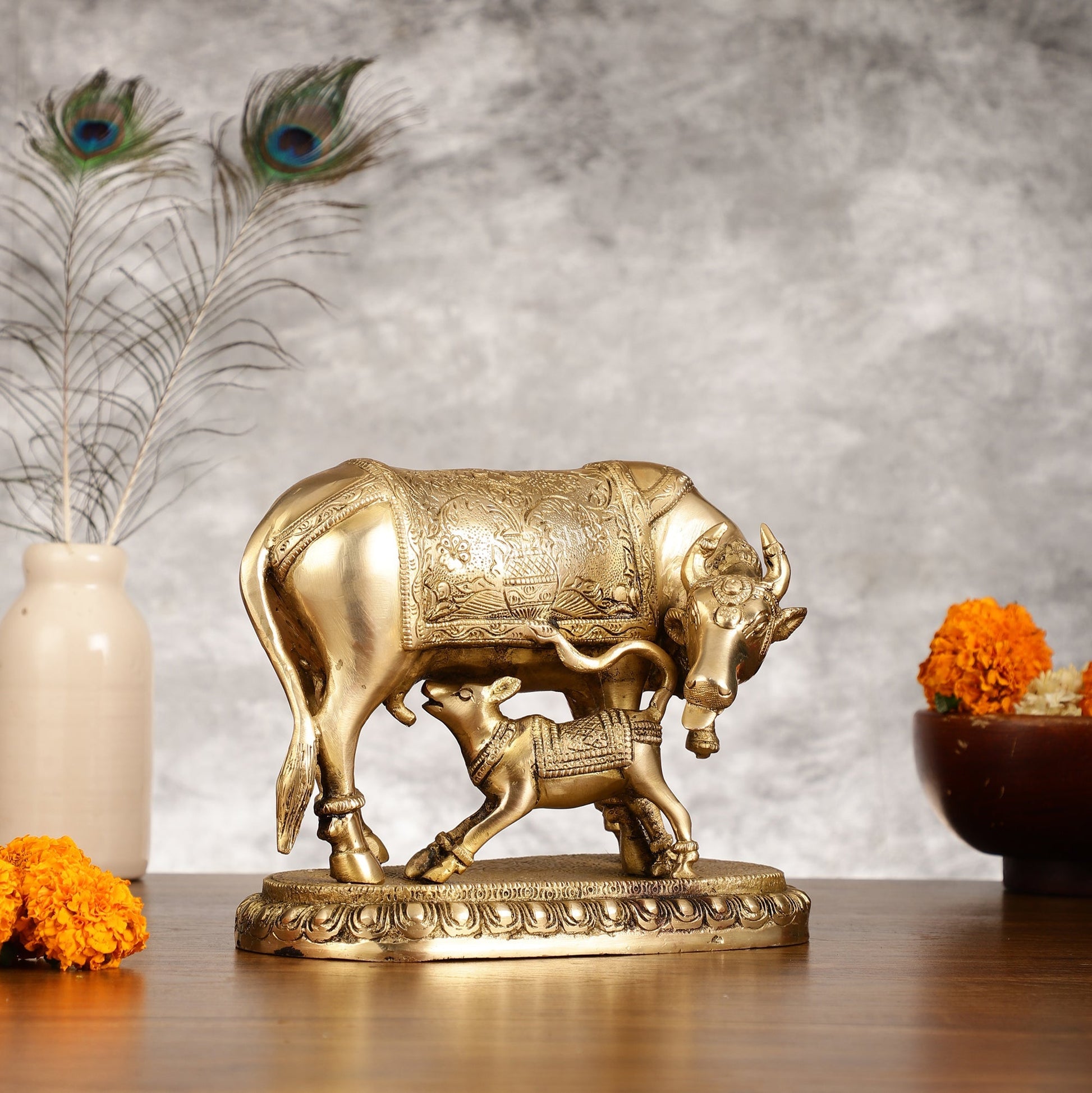 Brass Kamadhenu Cow with Calf Idol - 8 Inch