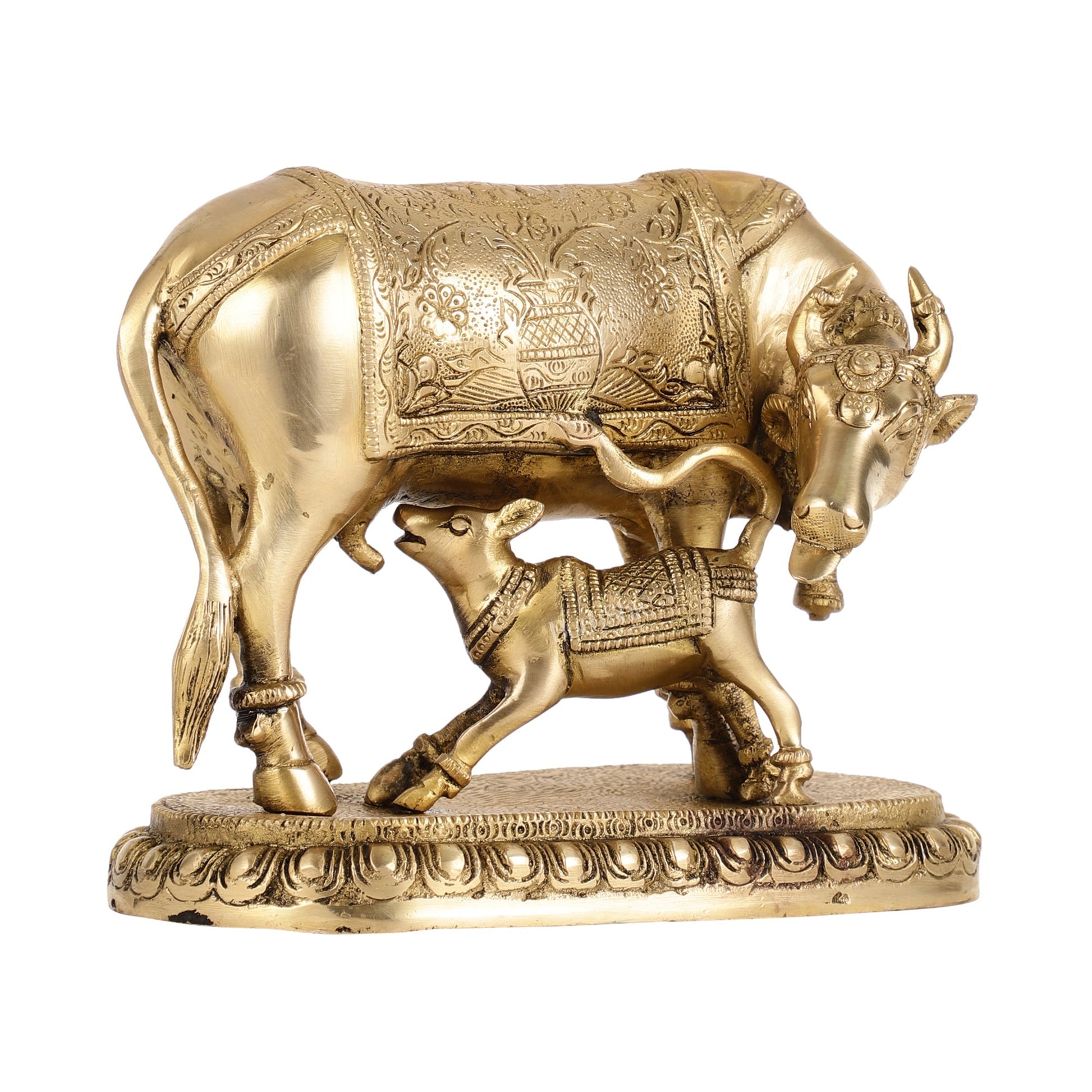 Brass Kamadhenu Cow with Calf Idol - 8 Inch
