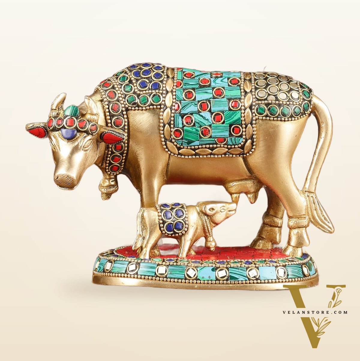 Brass Kamadhenu Cow with Calf Idol | Meenakari 6.5"
