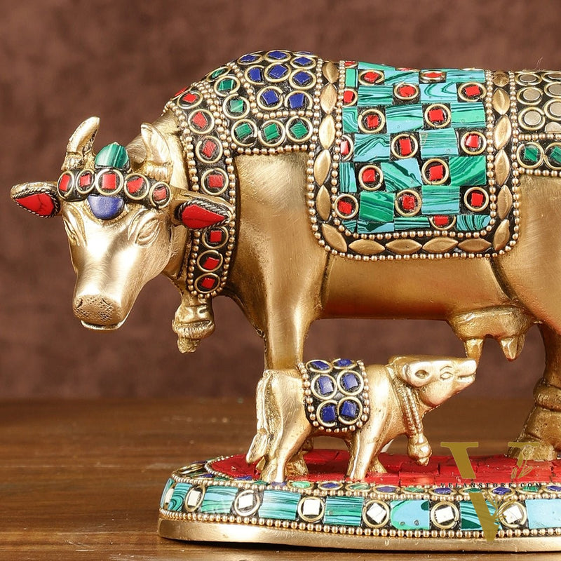 Brass Kamadhenu Cow with Calf Idol | Meenakari 6.5"