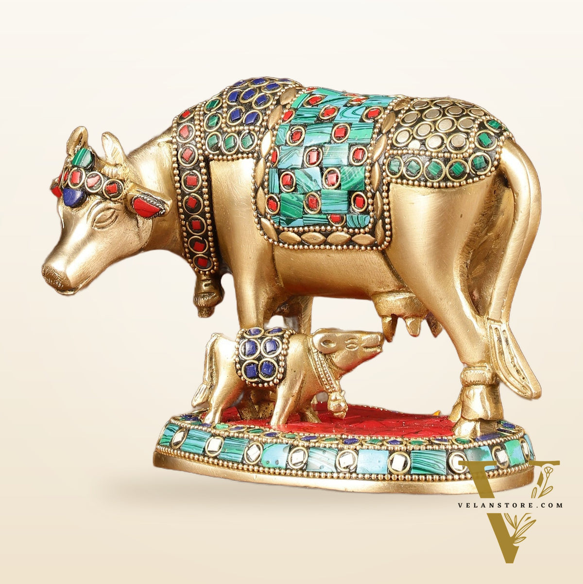 Brass Kamadhenu Cow with Calf Idol | Meenakari 6.5"