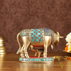 Brass Kamadhenu Cow with Calf Idol | Meenakari 6.5"
