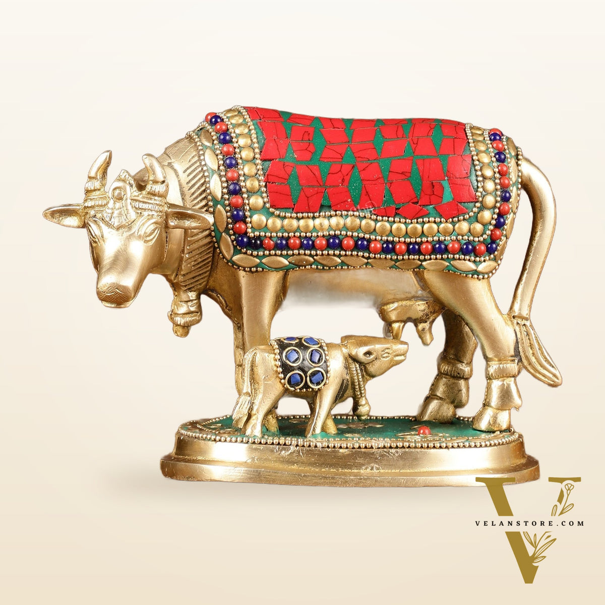 Brass Kamadhenu Cow with Calf Idol | Meenakari 6.5"