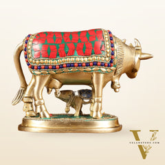 Brass Kamadhenu Cow with Calf Idol | Meenakari 6.5"