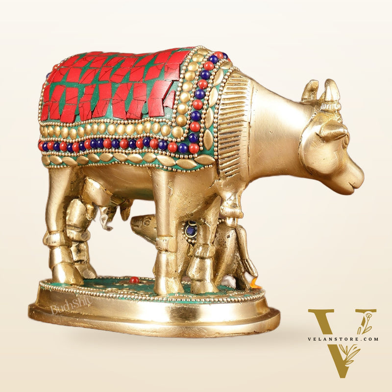 Brass Kamadhenu Cow with Calf Idol | Meenakari 6.5"