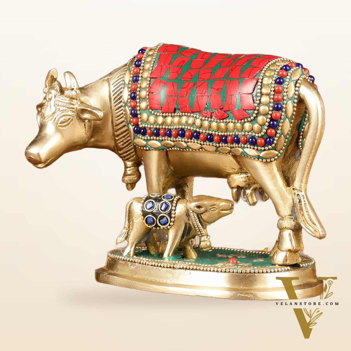 Brass Kamadhenu Cow with Calf Idol | Meenakari 6.5"