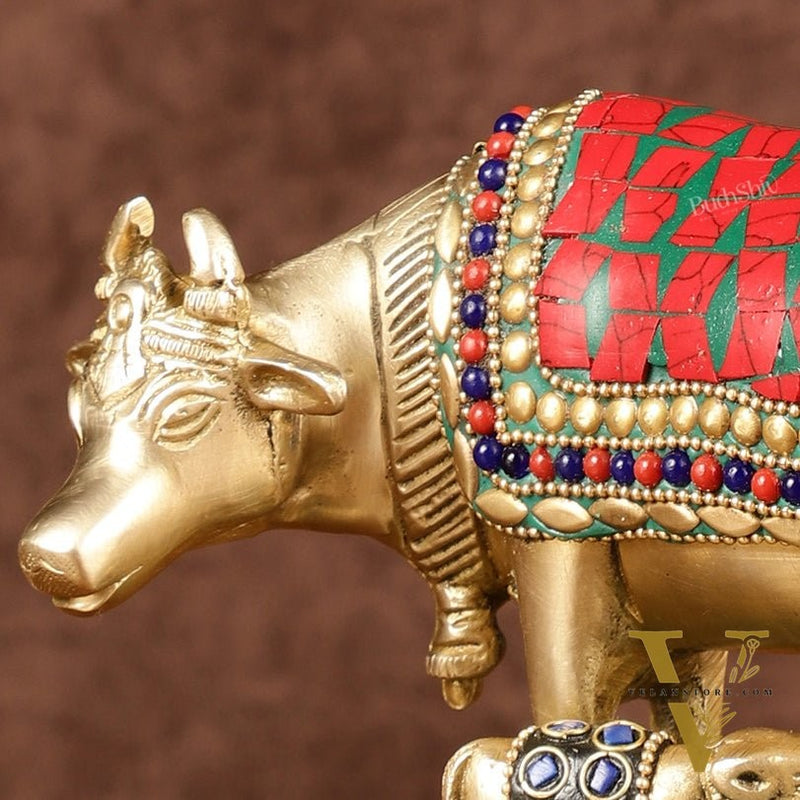 Brass Kamadhenu Cow with Calf Idol | Meenakari 6.5"