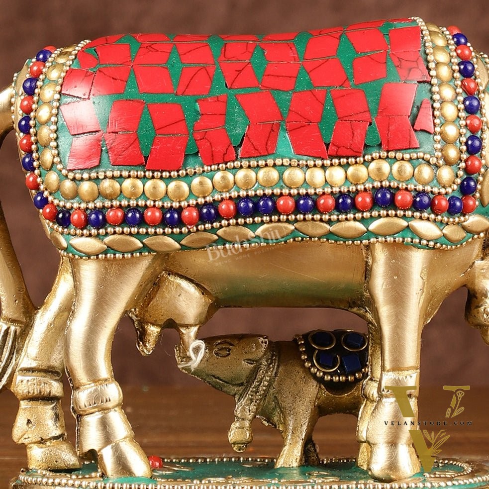 Brass Kamadhenu Cow with Calf Idol | Meenakari 6.5"