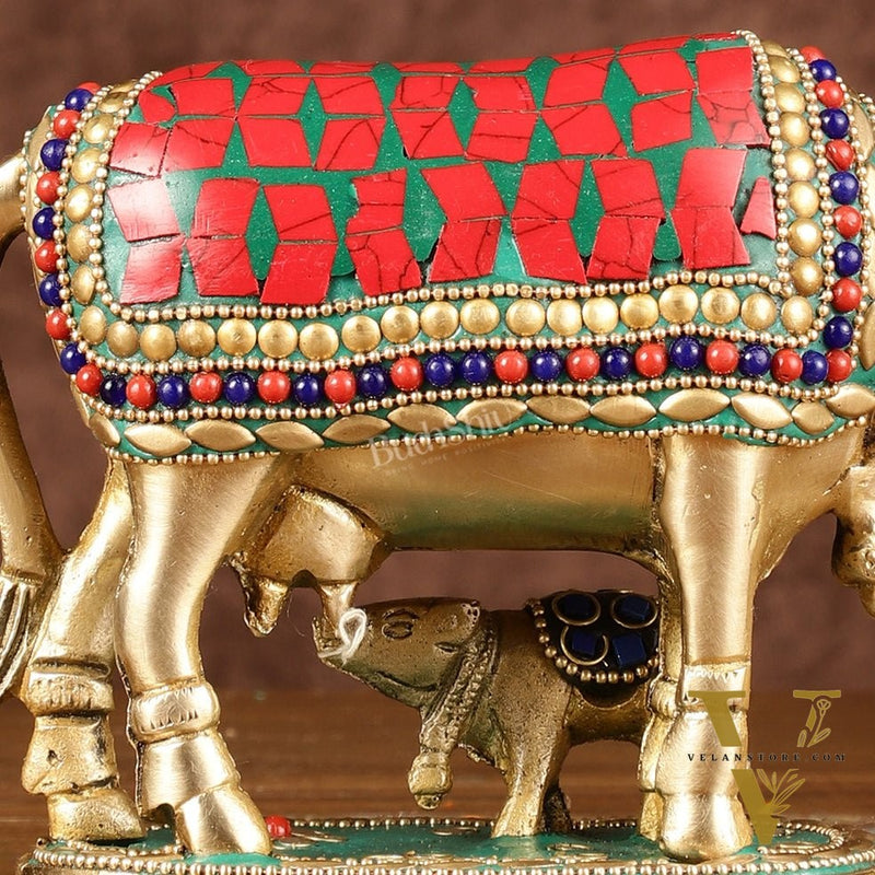 Brass Kamadhenu Cow with Calf Idol | Meenakari 6.5"