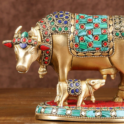 Brass Kamadhenu Cow with Calf Idol | Meenakari 6.5"
