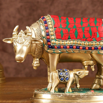 Brass Kamadhenu Cow with Calf Idol | Meenakari 6.5"