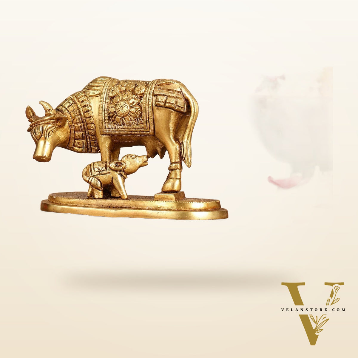 Brass Kamdhenu Cow and Calf Idol - 6 Inch