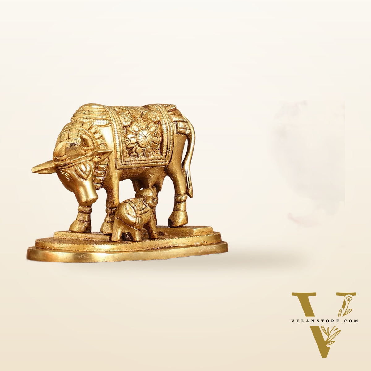 Brass Kamdhenu Cow and Calf Idol - 6 Inch