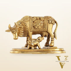 Brass Kamdhenu Cow and Calf Idol - 6 Inch