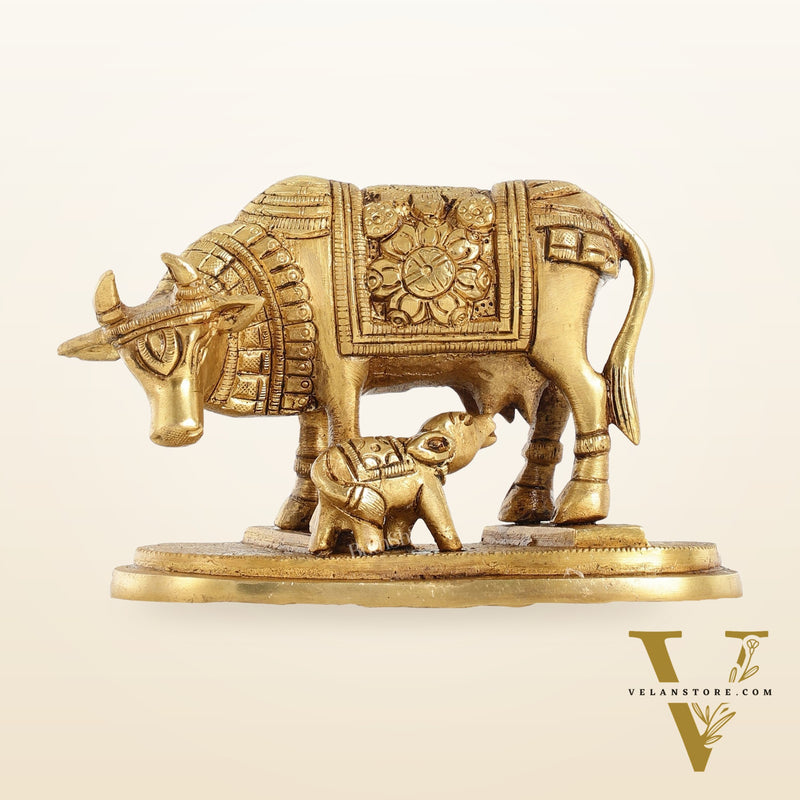 Brass Kamdhenu Cow and Calf Idol - 6 Inch