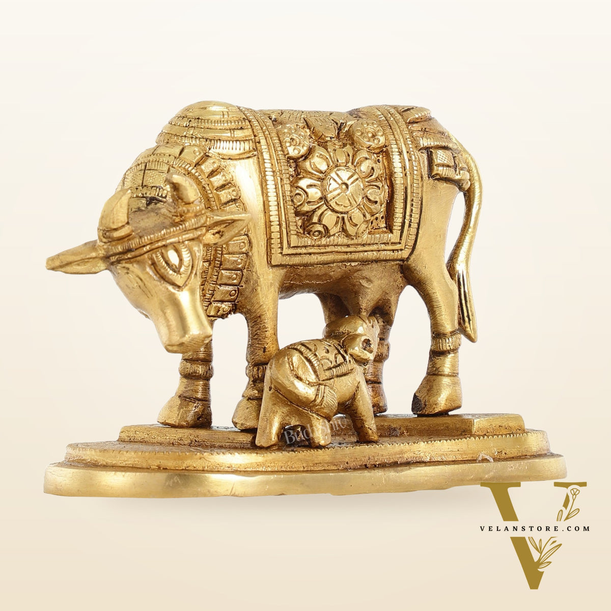 Brass Kamdhenu Cow and Calf Idol - 6 Inch