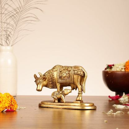 Brass Kamdhenu Cow and Calf Idol - 6 Inch
