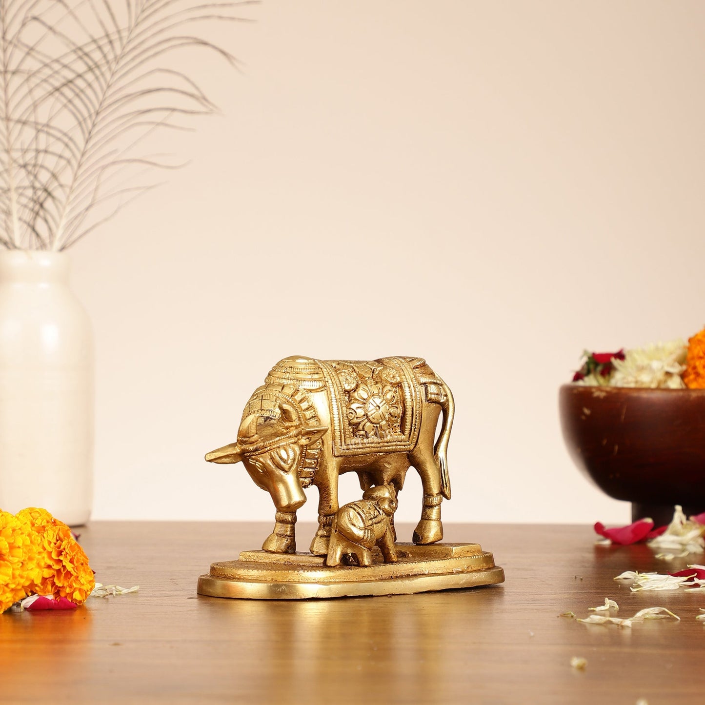 Brass Kamdhenu Cow and Calf Idol - 6 Inch