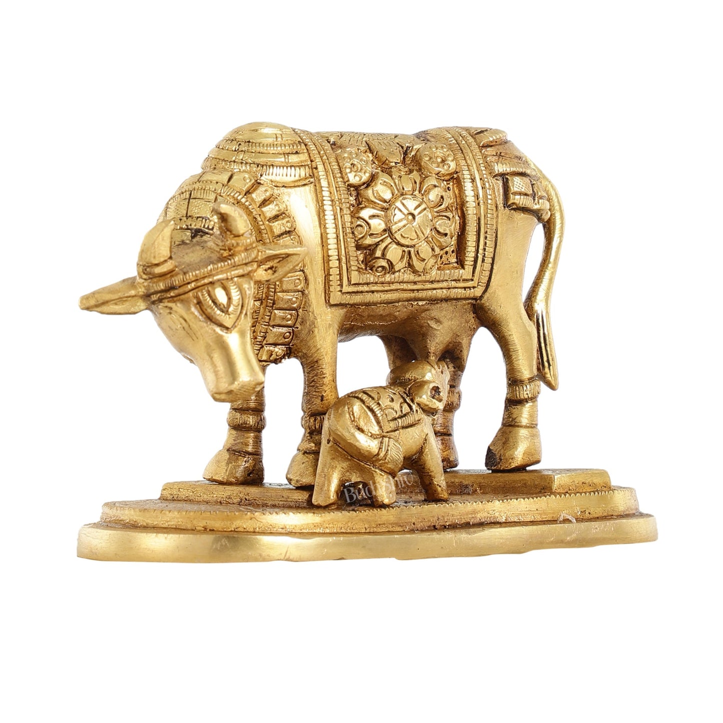 Brass Kamdhenu Cow and Calf Idol - 6 Inch